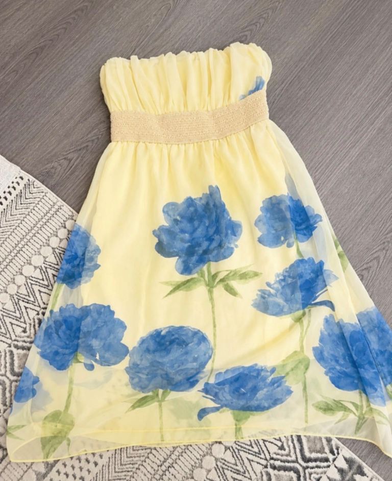 Yellow Strapless Summer Dress with Blue Floral Print