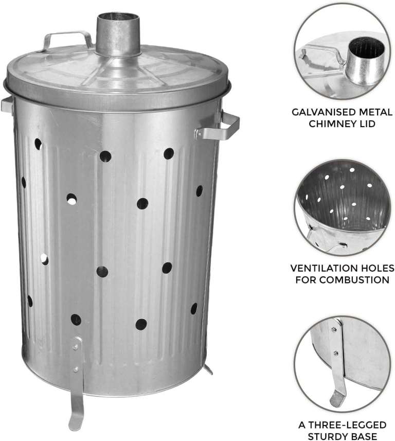 90L Galvanised Incinerator Fire Bin Burner for Garden Rubbish Paper Leaf & Wood Waste