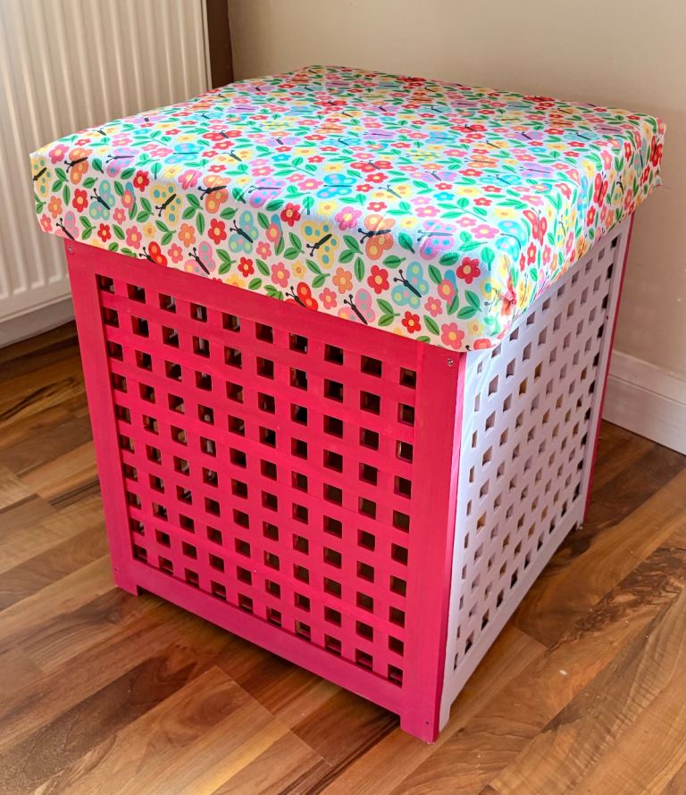 Painted and upholstered Ikea HOL storage box, acacia, 50x50 cm