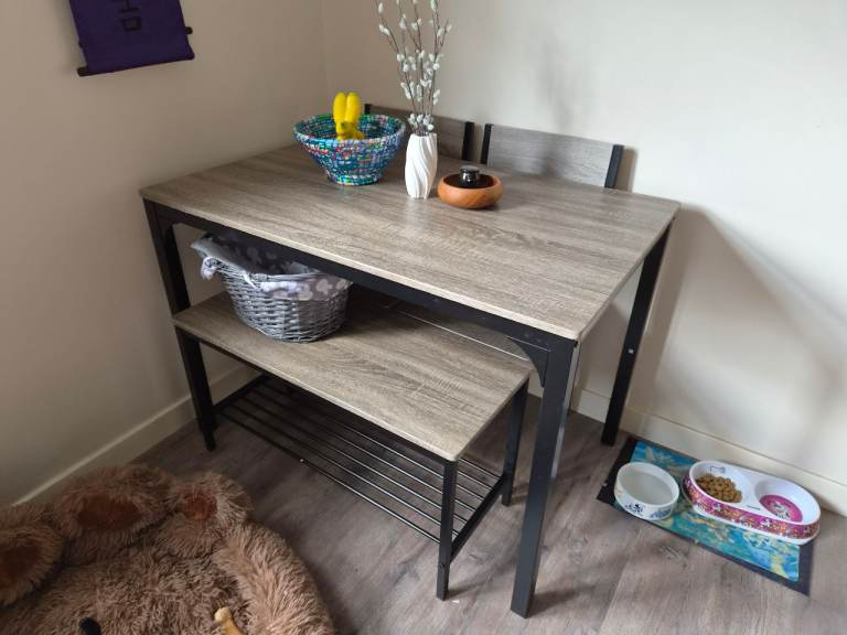 Compact Dining Table and Bench Set – Grey Wood Finish
