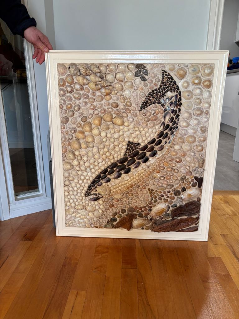 Large natural material picture of a salmon eg shells/wood/stone