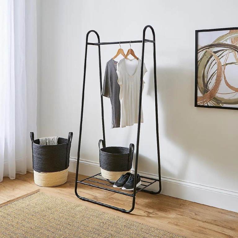 Black metal clothes rail with shoe rack
