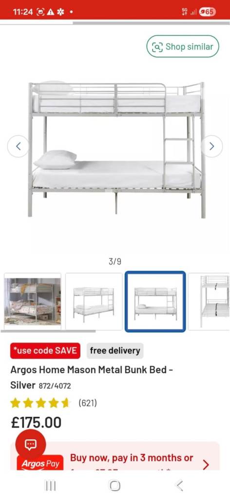 Argos Home Mason Metal Bunk Bed – Silver, Good Condition
