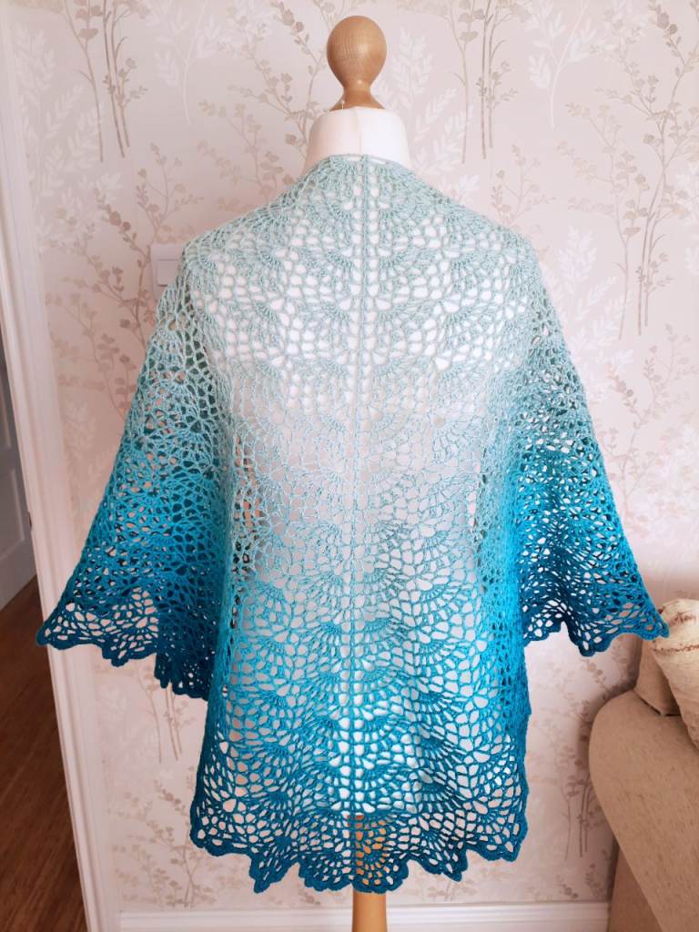 Gradient Knitted Shawl. Handmade Crochet Wrap. Ombre Lace in Turquoise. Boho Scarf for Autumn. Shrug