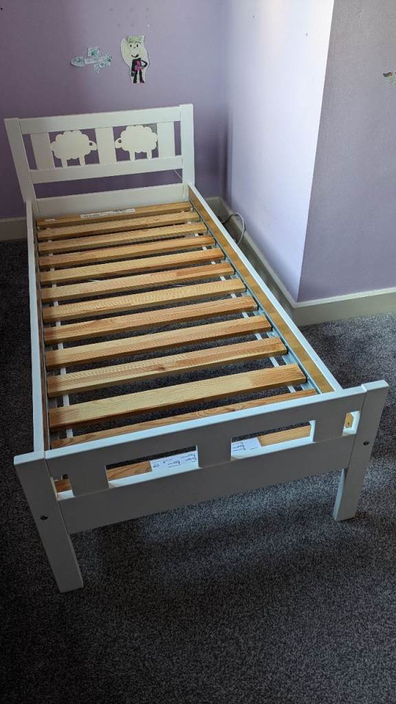 IKEA Kritter childrens bed frame with slatted base and mattress and mattress protector 