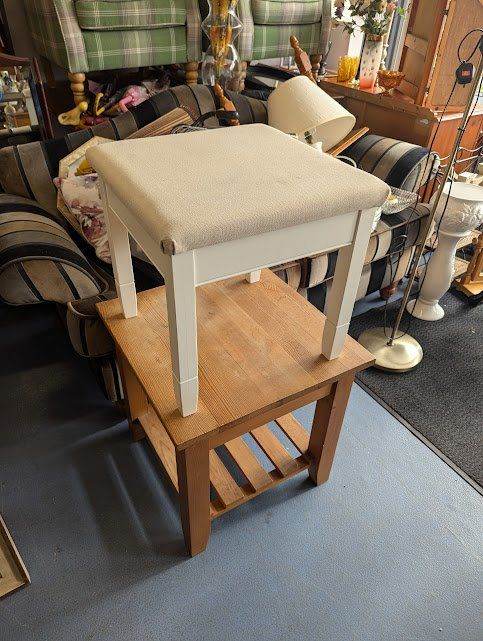  White Wooden Stool with Fabric Top
