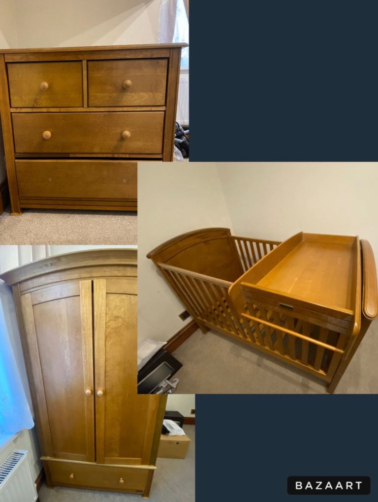 Beautiful Solid Wood Nursery Furniture Set - Cot Bed, Wardrobe & Chest of Drawers