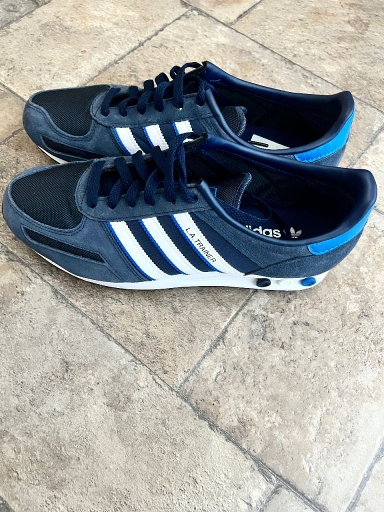 Adidas LA Trainer Trainers – Blue with White Stripes, Size 9