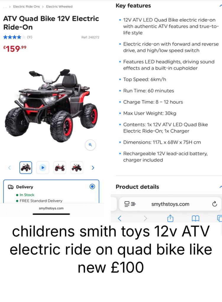 childrens smith toys 12v ATV electric ride on quad bike like new £100