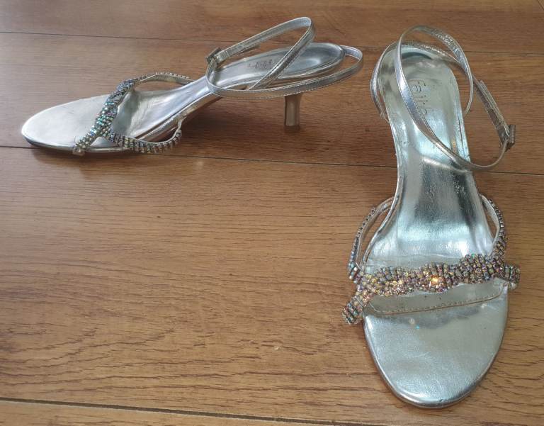 FAITH Silver Shiny Diamanté Sandals Mules Kitten Heels Party Wedding 7 WORN