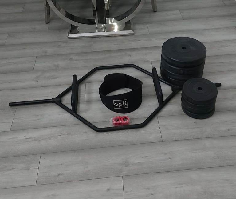 KEFL 1" HEX/TRAP BAR, 50KG WEIGHT PLATES & OPTI LIFTING BELT