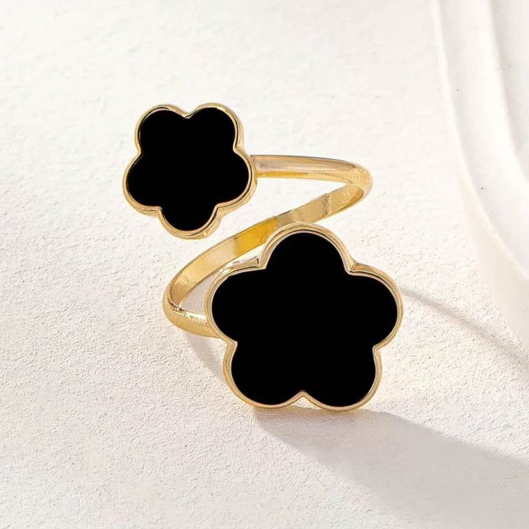 New Dual Clover Adjustable Gold Ring with Black Flower Design