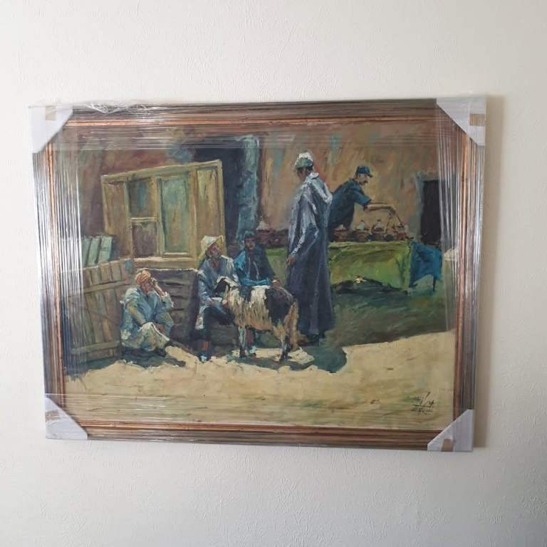 Original Oil Painting by Moulay Driss Jabrane, The Trade, Buyers, Seller & Sheep Marrakesh, Morocco