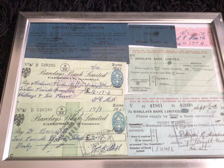  6 old Barclays Bank items 1951 to 1952 south wales framed 