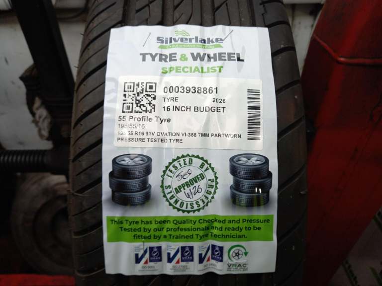 195 55 R16 91v Ovation Vi-388 7mm Partworn Pressure Tested Tyre