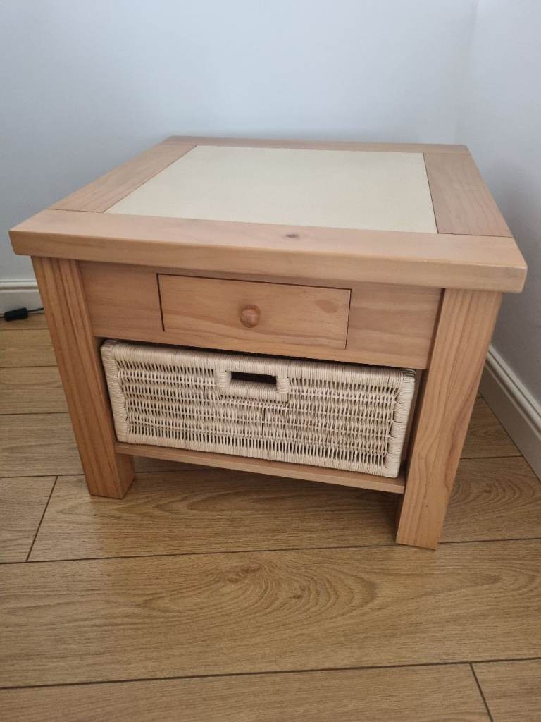 Solid wood Side Table with Drawer and Wicker Basket