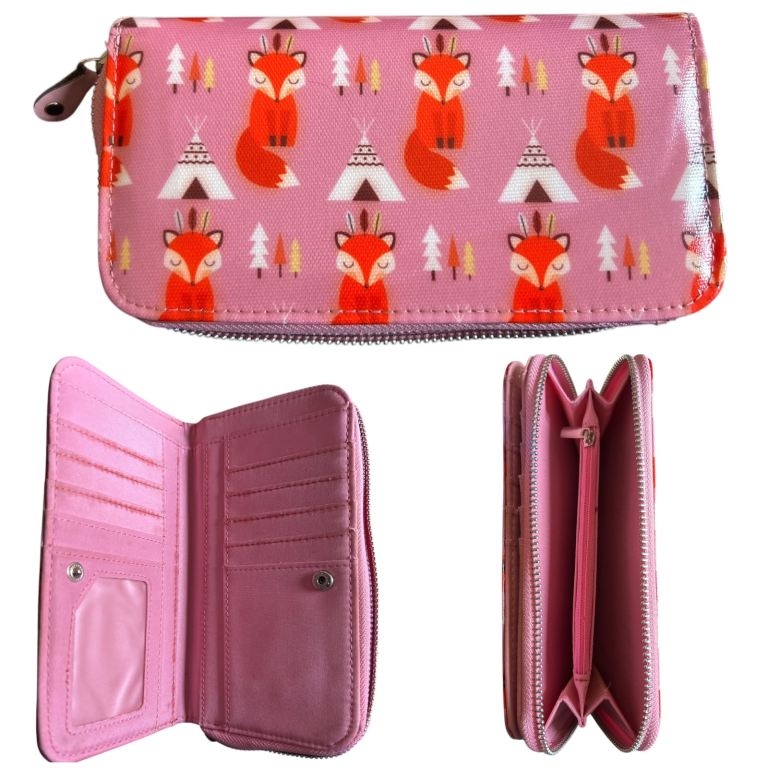 Foxes Tipi Pine Trees Fox Pink Purse Wallet Card Holder 19x10cm In VGC