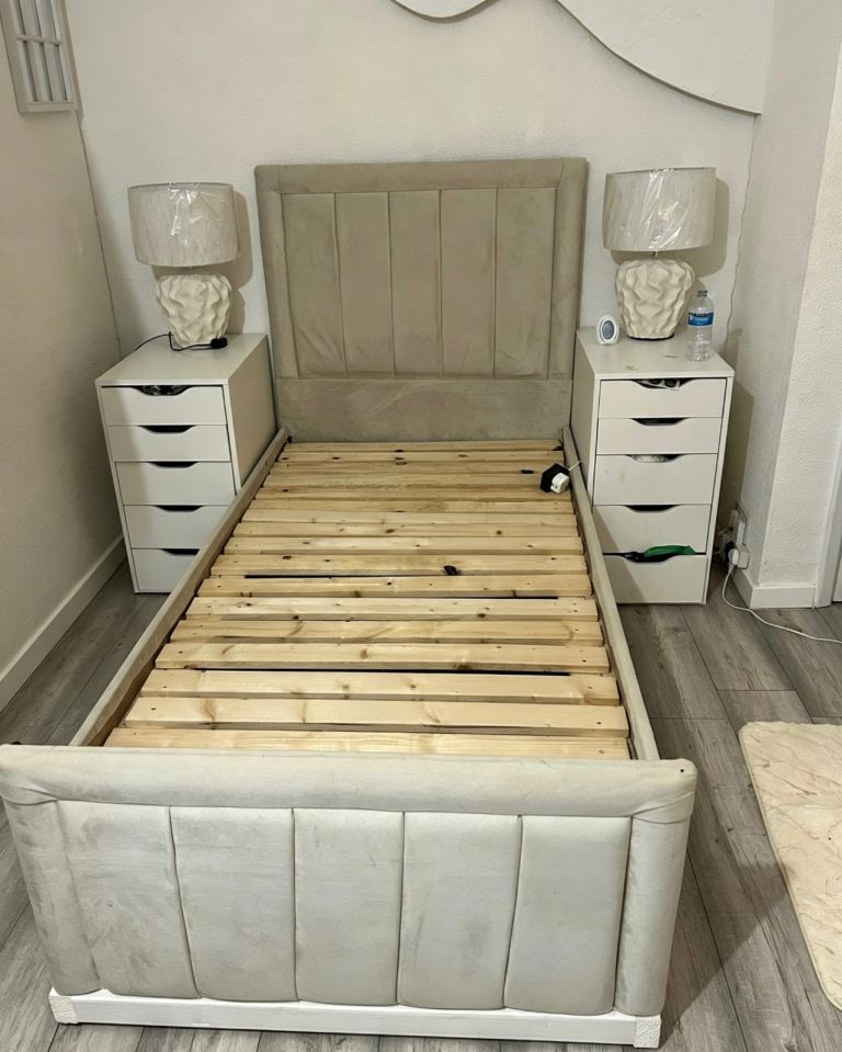 BEIGE VELVET SINGLE BED WITH MATTRESS