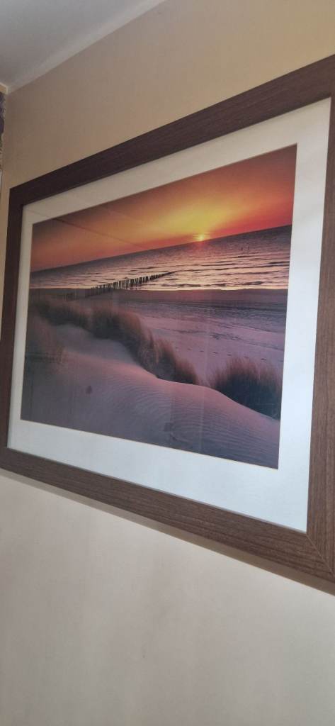Large Framed Sunset Beach Picture - Wood Effect Frame
