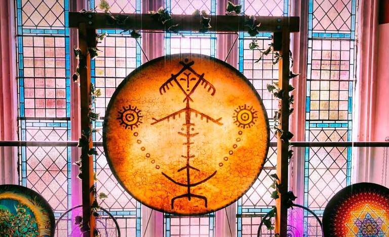 💥 EXTRAORDINARY 39" (99cm) VEGAN SHAMANIC DRUM with BESPOKE STAND
