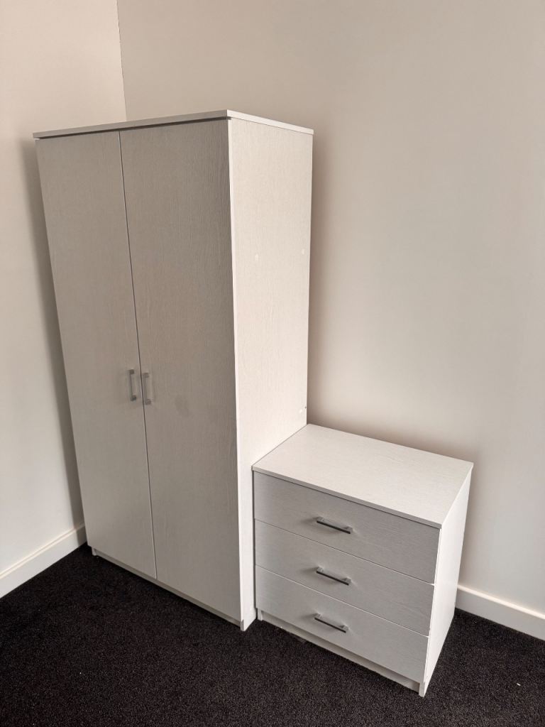 White Wood Wardrobe and 3-Drawer Chest – Good Condition