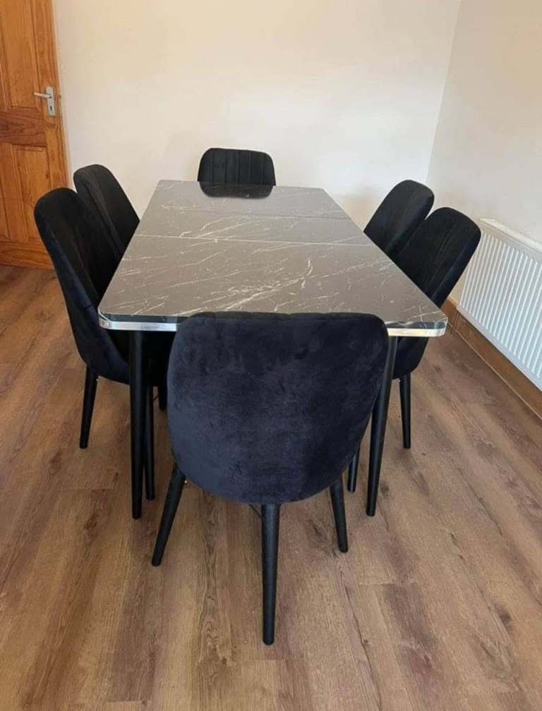 Black Marble Effect Dining Table with 6 Velvet Chairs