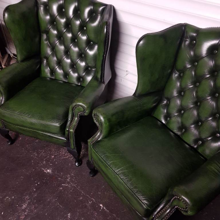 MATCHING Pair Green Leather QUEEN ANNE Chesterfield Wingback arm chairs -FAB