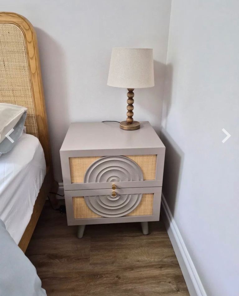 x2 bedside tables (taupe/grey/rattan) 