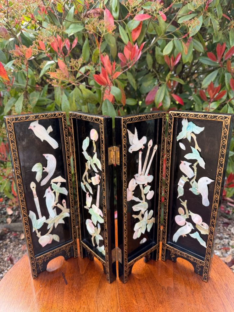 Vintage Chinese Black Lacquer Tabletop Folding Screen Mother of Pearl Inlay