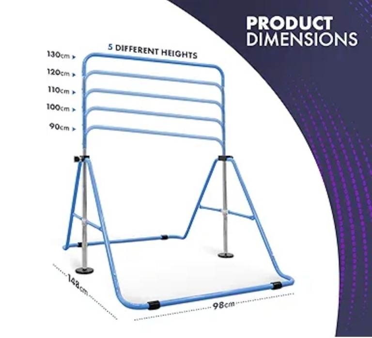 A new still boxed flat packed blue  Gymnastics Horizontal Bar for Kids with Rings .