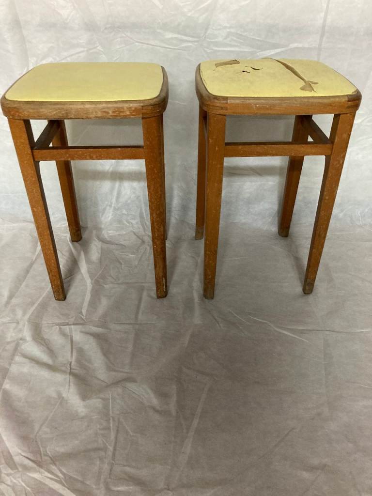 Vintage 1960s Matching Pair Mid Century Modern  Beech And Yellow Vinyl Kitchen Stools
