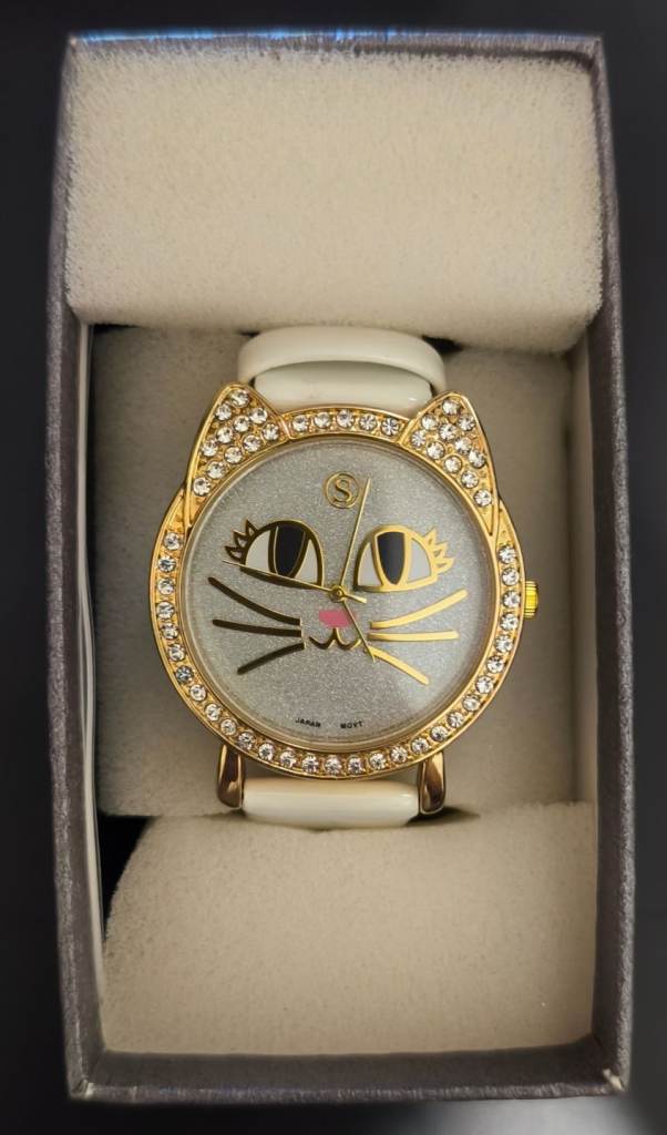 STRADA Japanese Movement White Austrian Crystal Studded Kitty Face Dial Water Resistant Watch