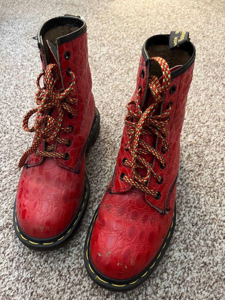 Doc Martens Vintage 1460 Red Croc Snake Print, Made in England, Eight Eye