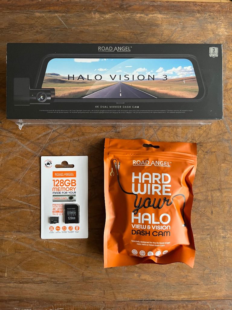image for Road Angel Halo Vision 3-4K Front & 1k Rear Mirror Dash Cam with hard wire kit and memory card.
