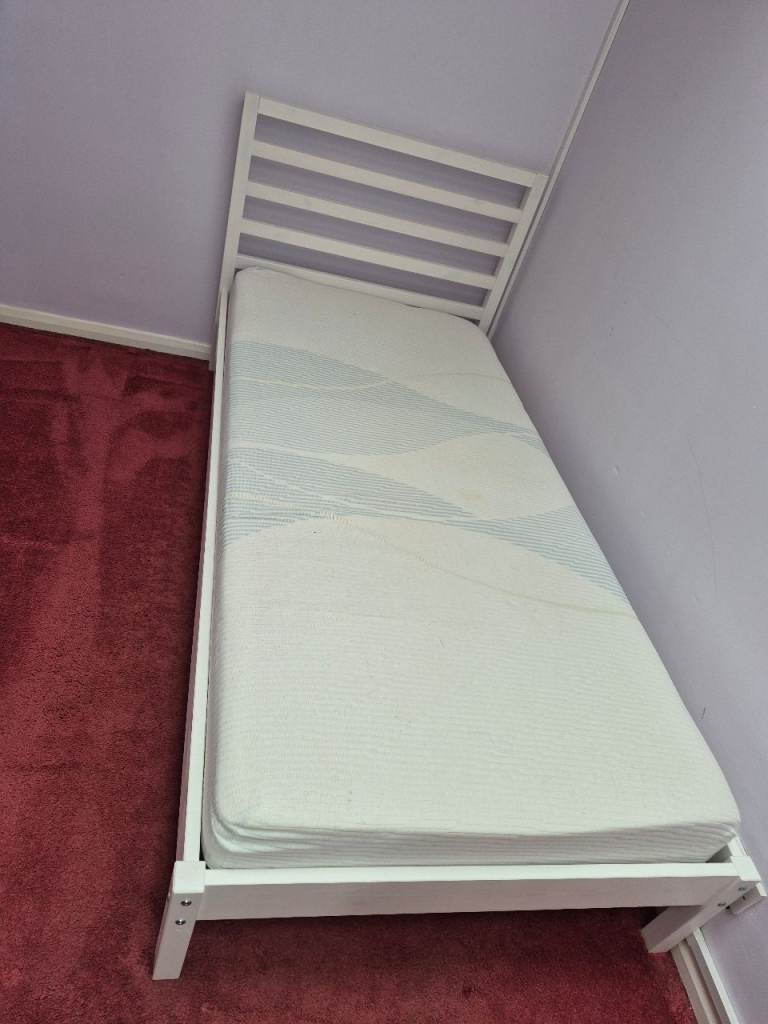White Single Bed Frame with Mattress – Good Condition