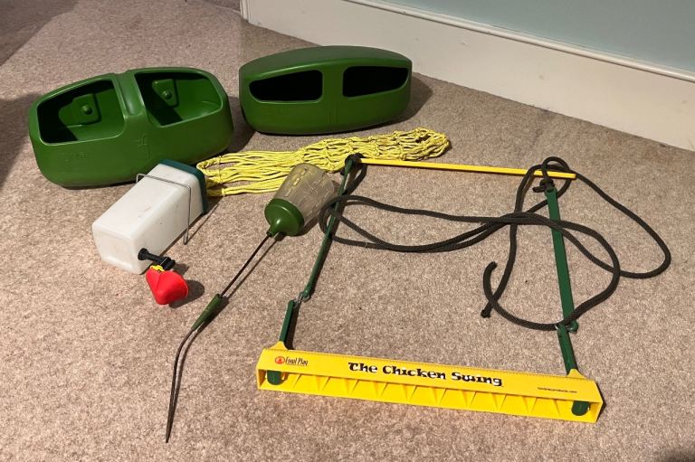 Chicken feeders, drinker and swing