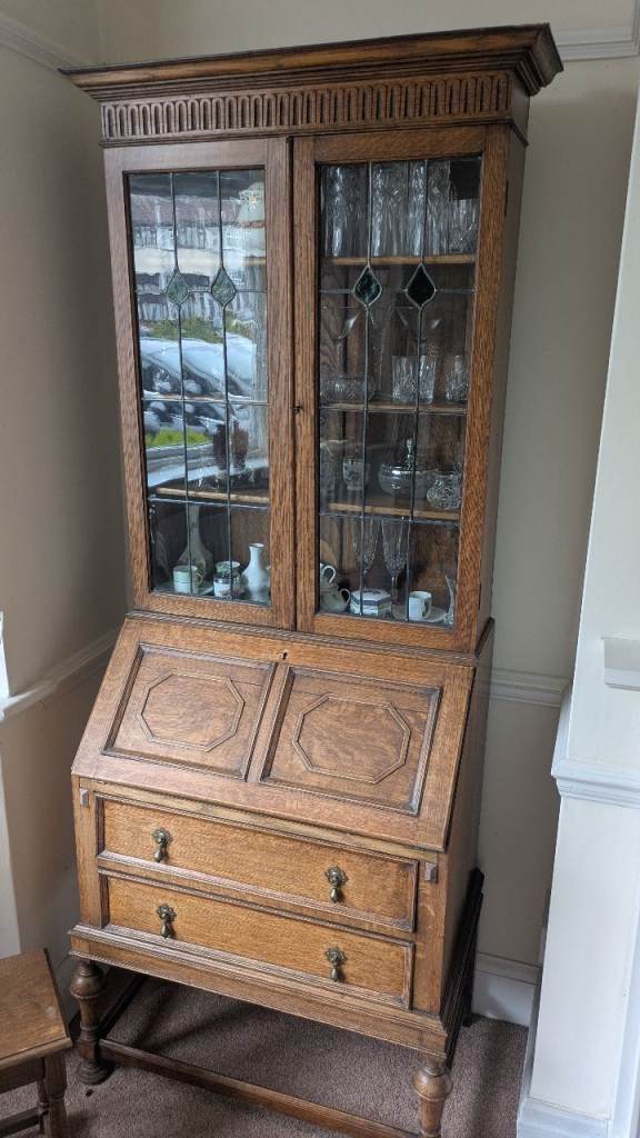 1930s Oak Bureau Bookcase/Desk Cabinet