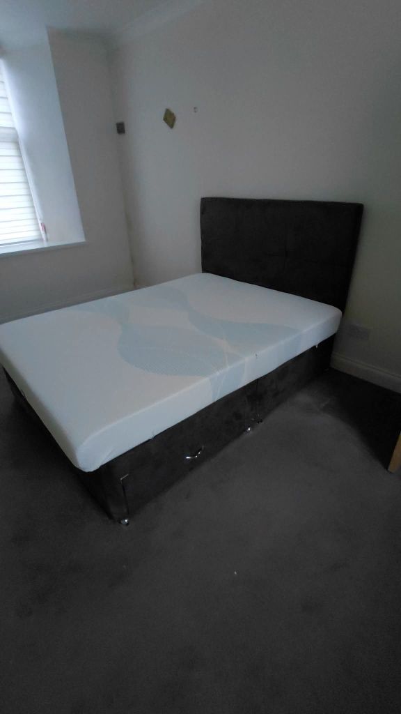Double Bed with Mattress and Headboard – Grey, Good Condition