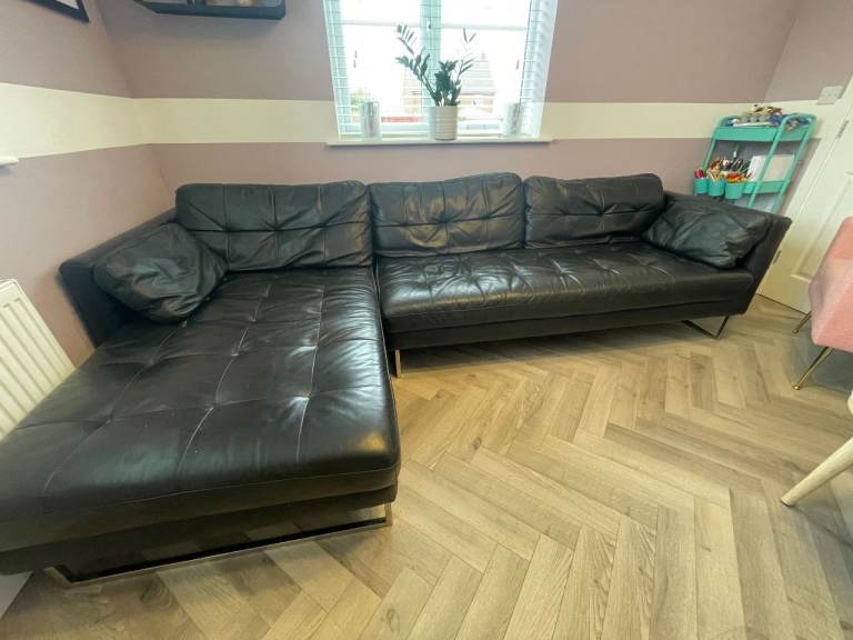 image for Dwell-Black leather Left Hand Facing 4 Seater chaise sofa