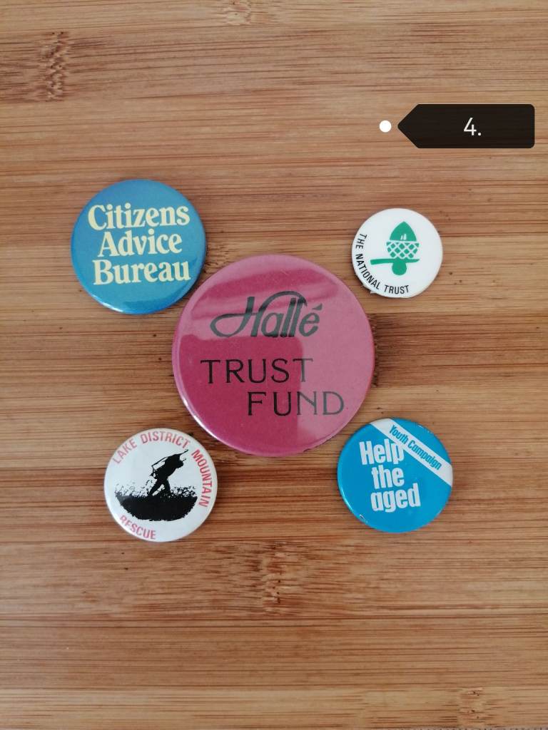 Vintage Charity themed pin badges x 5 
