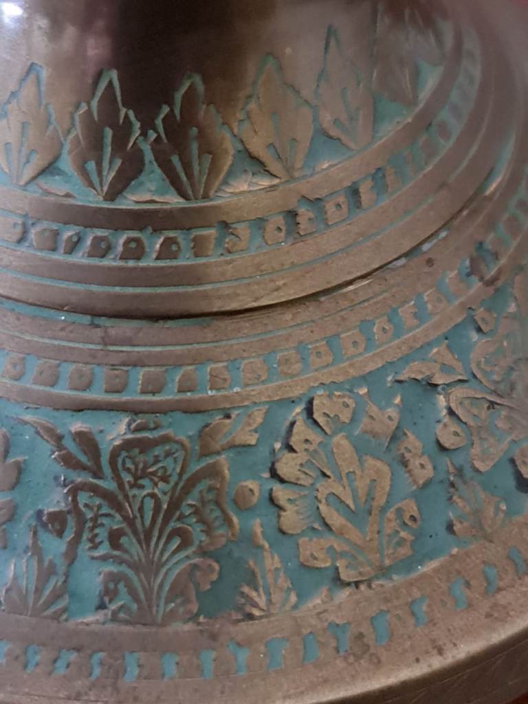 Vintage Niello Green Enamel & Brass Pot Vase