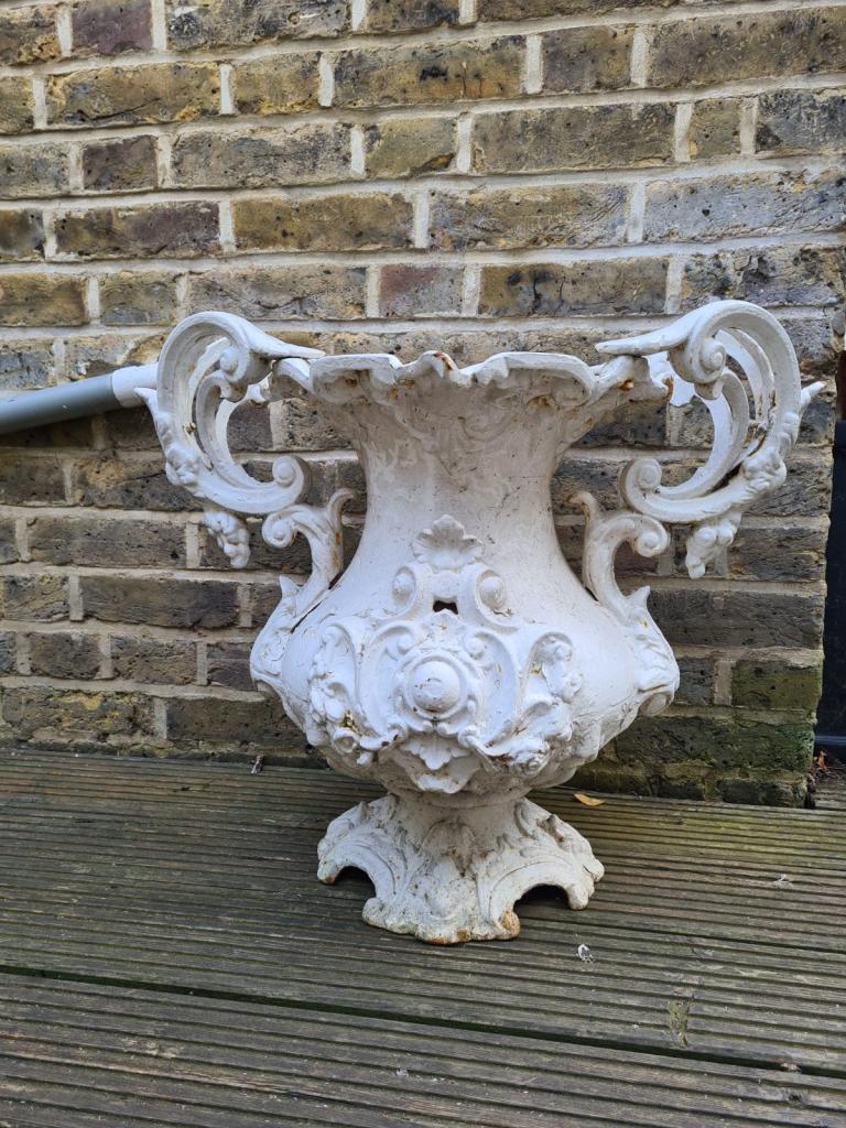 White Cast Iron Antique French Metal Garden Urn