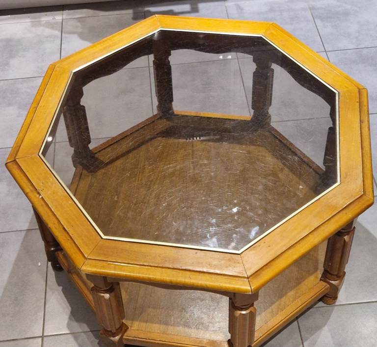 Octagon Vintage Wooden Coffee Table Glass Top 