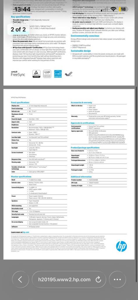 HP 27" white Monitor 