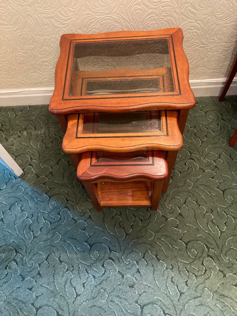Vintage Nest of 3 Tables - teak wood  With Clear Glass Table Tops