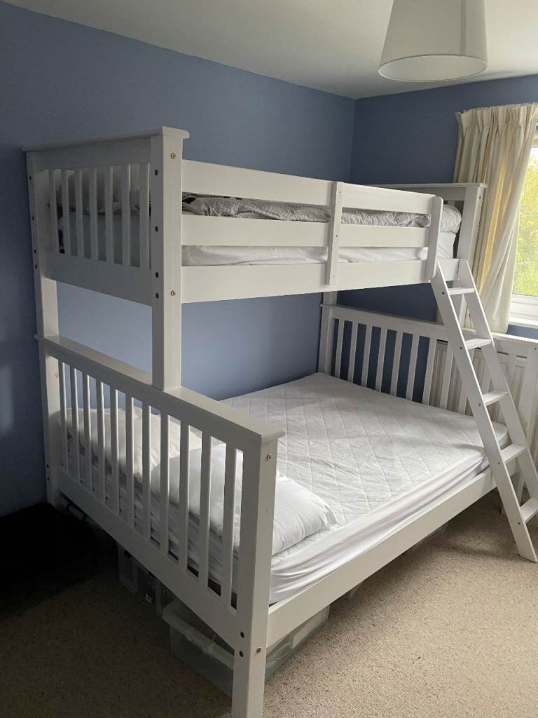 White Triple Bunk Bed (Single Over Double), Solid Pine Frame with Guardrails, Sleeps Three