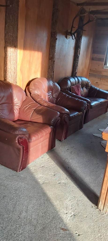Burgundy leather sofa & armchairs