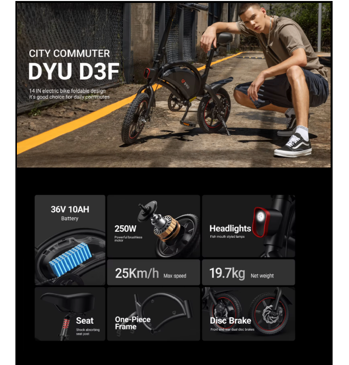 DYU D3F Electric Bike 14" Portable E-bike 36V 10AH Lithium Battery 25KM/H & 60KM 15° Climbing 