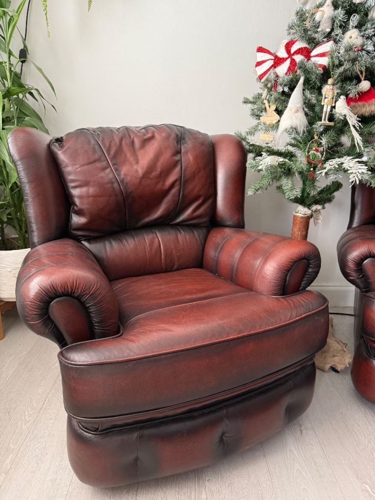 Pair Saxon Kendal Chesterfield Style Leather Vintage Armchairs