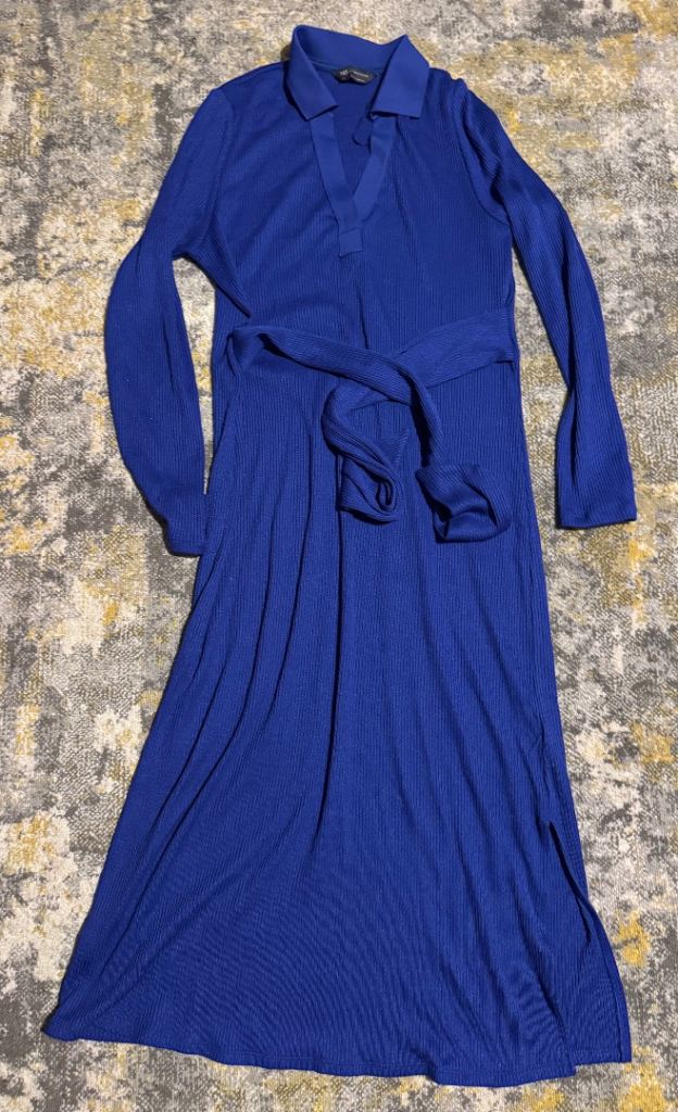 M&S Ribbed V-Neck Tie Front Blue Column Dress